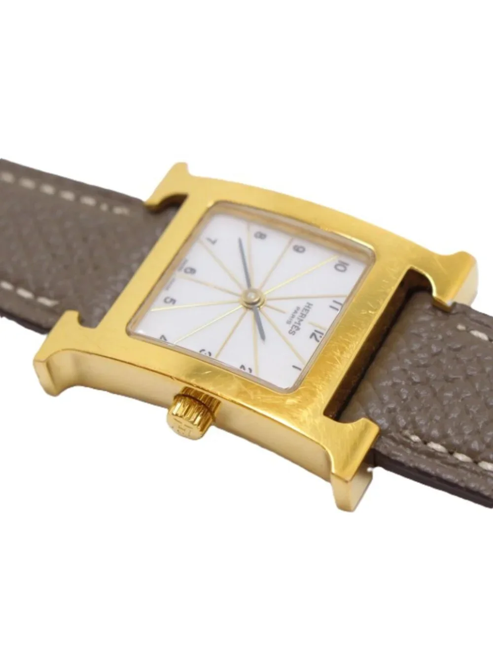 Hermes H Watch Leather Strap White Arabic Dial Quartz